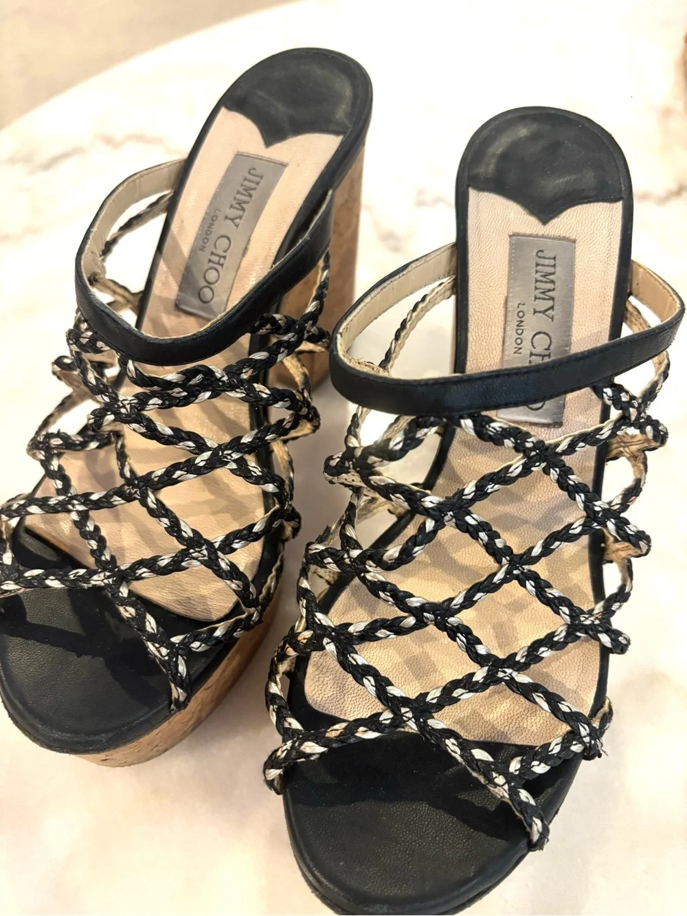 Jimmy Choo Black Braided Rope Wedge Sandals